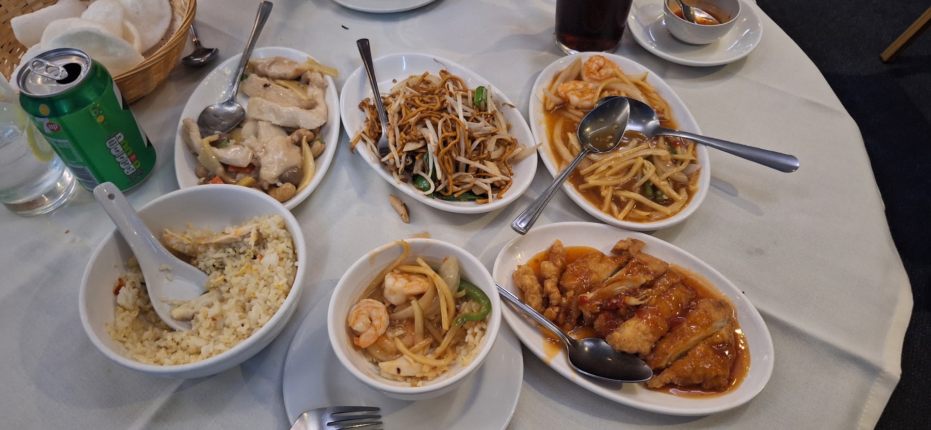 A high-angle spread of Chinese dishes on the table